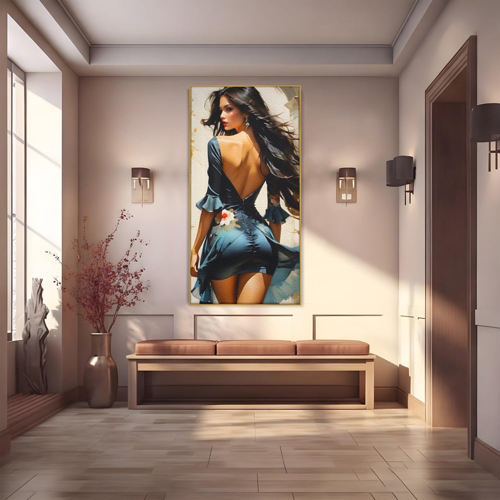Tablou canvas cu tablou canvas cu femeie in rochie albastra, in rama de aluminiu auriu